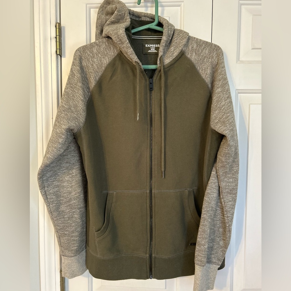 Express women’s hoodie-zip up-M. Olive green with variegated sleeves + hood VGUC